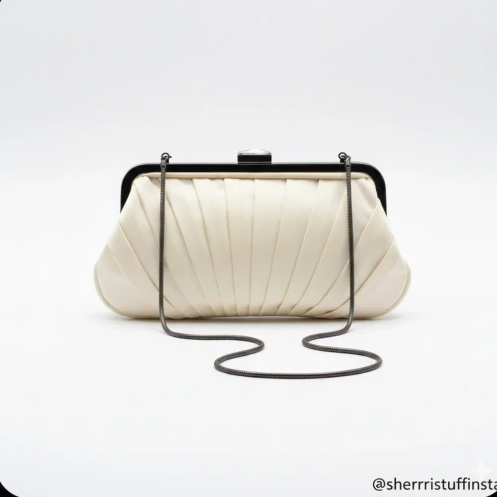 Vintage Kate Landry Pleated Satin Clutch Silver Chain Strap & Rhinestone Clasp - Picture 2 of 16